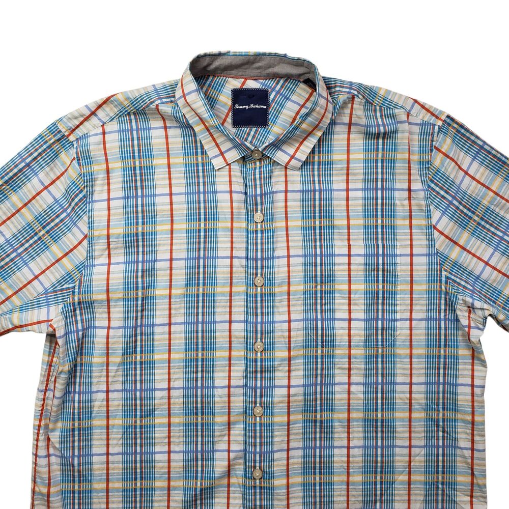 Tommy Bahama Plaid Shirt Mens XL Cotton Silk Short Sleeve Button Up